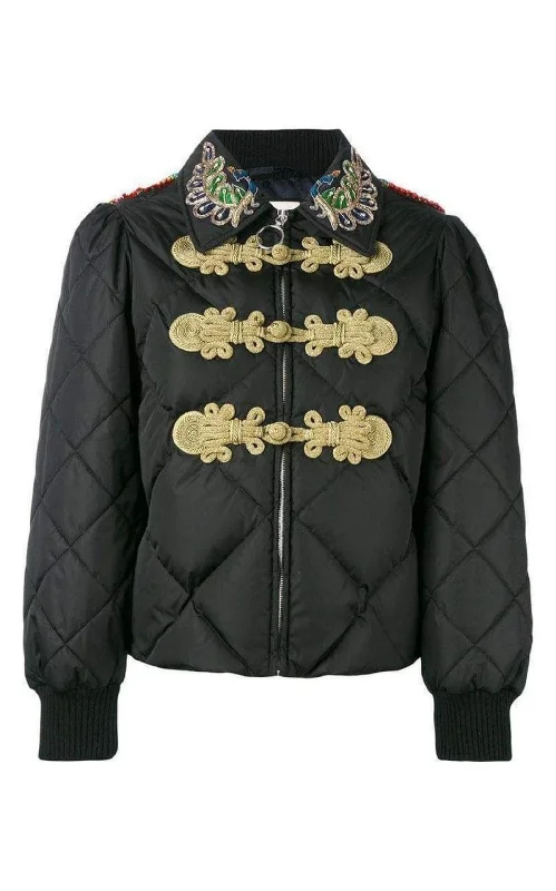 fashionable metallic puffer jacket for women -Embroidered Quilted Bomber Jacket