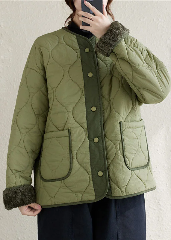 women's teddy bear coat -Plus Size Army Green O-Neck Patchwork Pockets Button Fleece Wool Lined Parka Winter