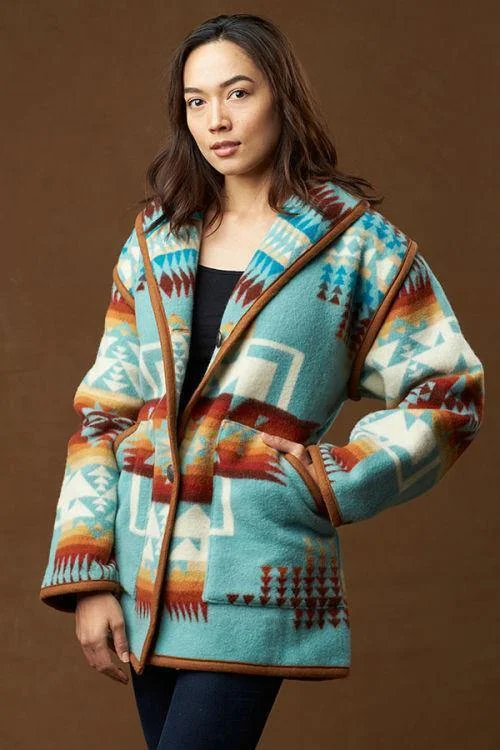 stylish fleece-lined coat for women -Kraff's Reversible Wool Car Coat, Chief Joseph, Aqua