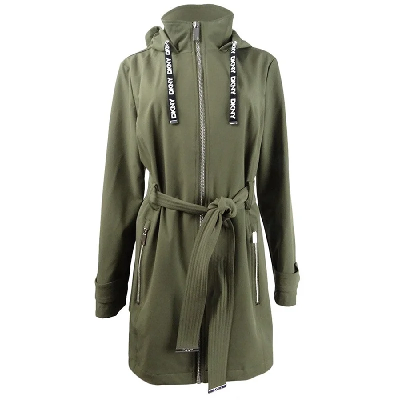 ladies' cashmere overcoat -DKNY Women's Hooded Belted Water-Resistant Raincoat (M, Juniper)