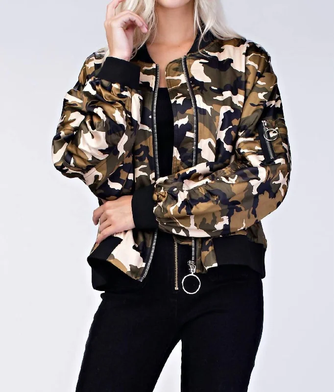 casual coats for women -Camo Bomber Jacket In Green/cream