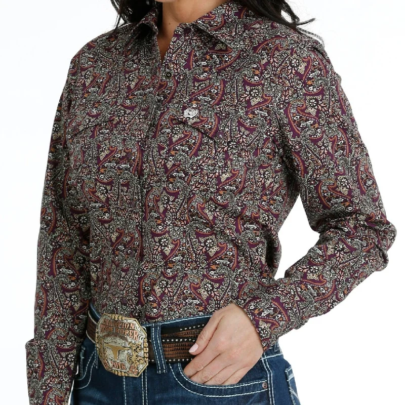 women's embroidered short sleeve shirt -Cinch Women's L/S Purple Paisley Western Snap Shirt