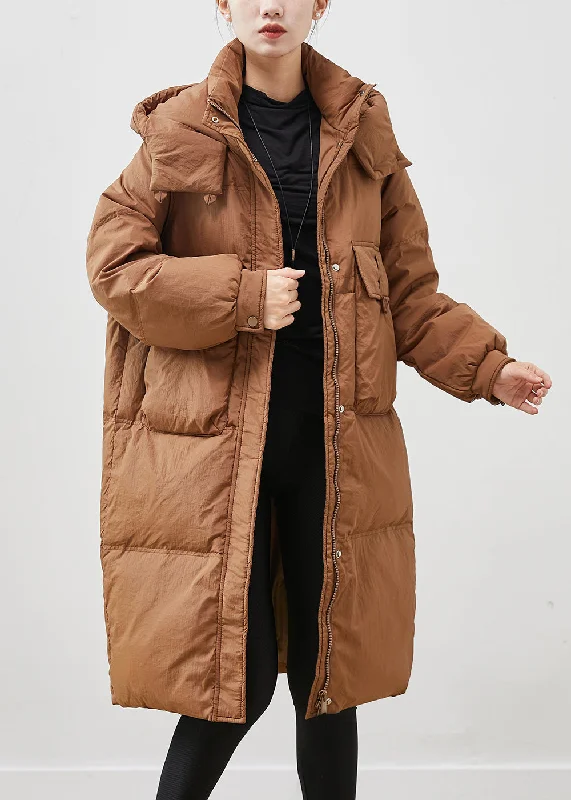 urban streetwear jacket for women -Coffee Warm Duck Down Puffer Jacket Hooded Pockets Winter