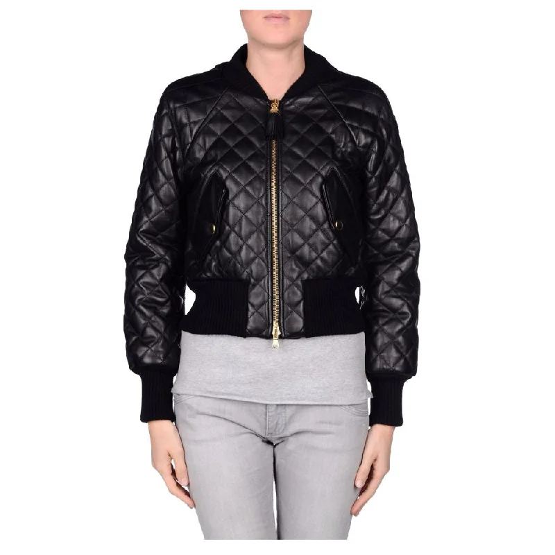 cropped wool blazer for women -Women Bomber Stunning Fashion Black Leather Jacket