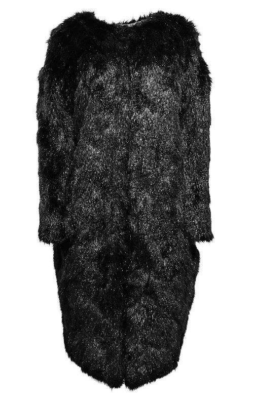 cozy oversized wrap coat for women -Black Oversized Faux Fur Coat