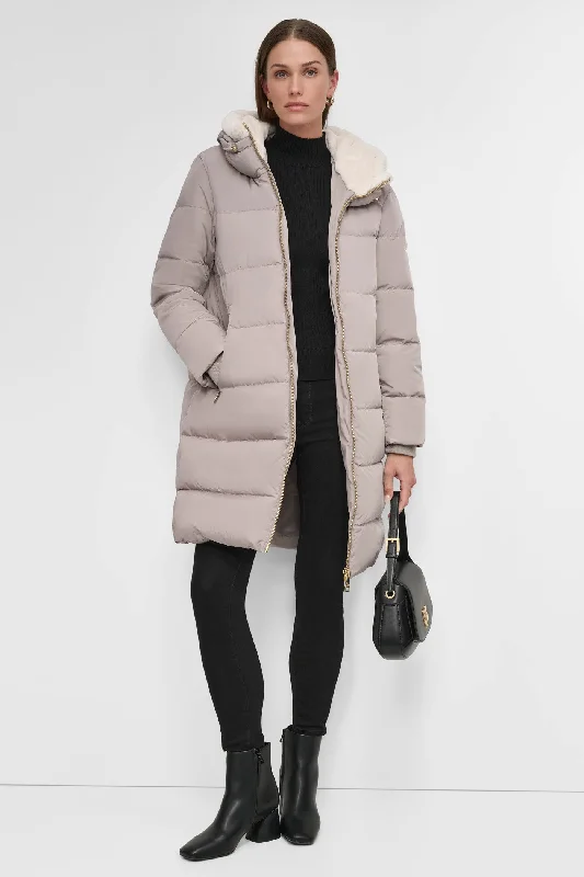 ladies' longline puffer coat -DOWN FILLED PUFFER WITH FAUX FUR TRIM