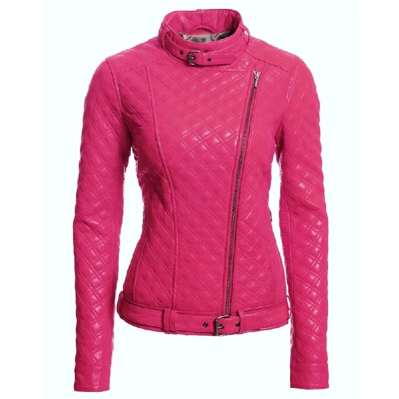 stylish women's blazer -Women Shocking Pink Fashion Biker Leather Jacket