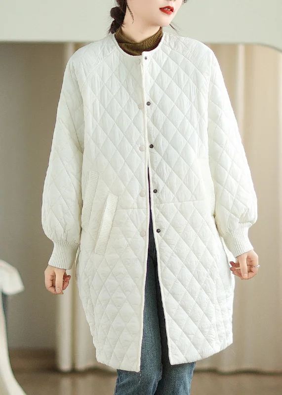 women's relaxed boyfriend blazer -Stylish Plus Size White Hooded Pockets Fine Cotton Filled Coat Winter