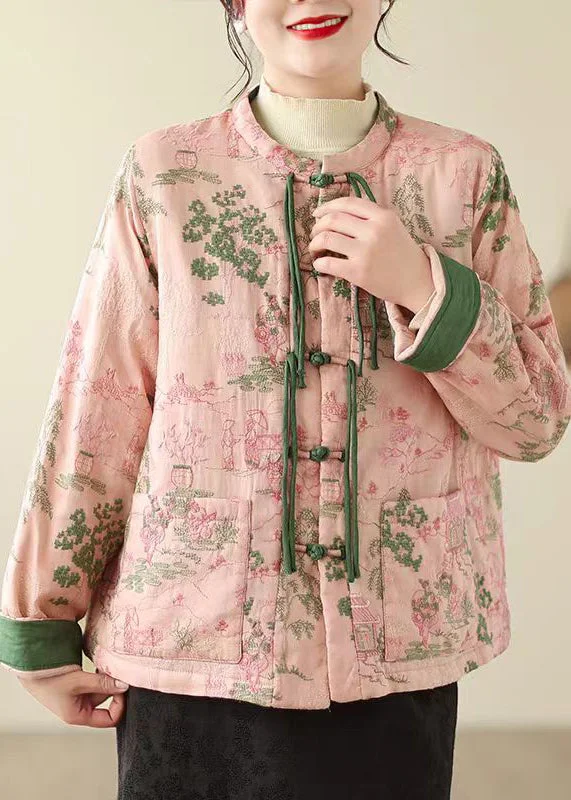 women's varsity bomber jacket -Vintage Pink Tasseled Embroideried Pockets Fine Cotton Filled Jacket Winter