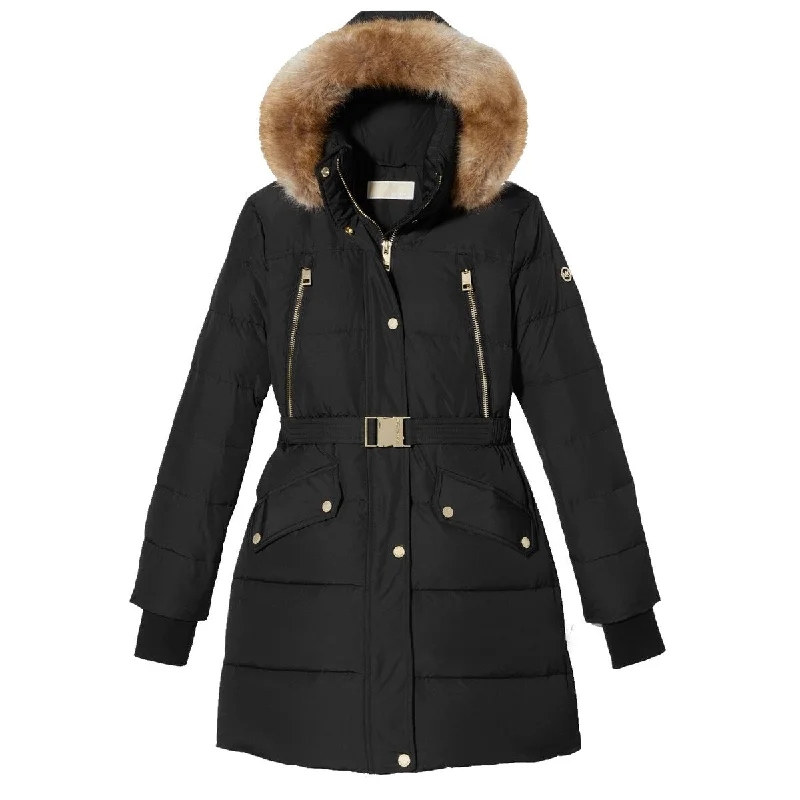 double-layered long coat for women -Michael Michael Kors Women Black Down Faux Fur 3/4 Length Belted Puffer Coat