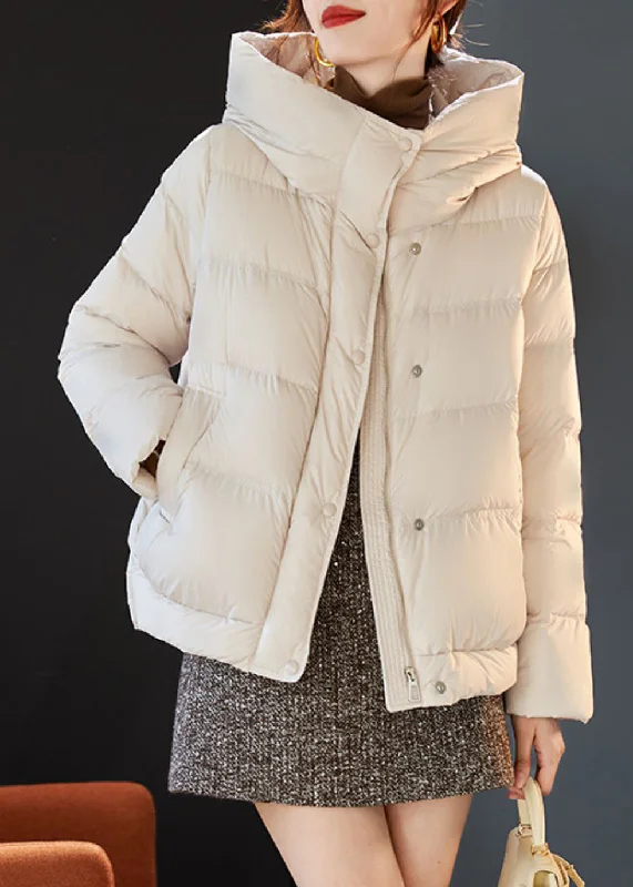 ladies' long hooded winter coat -Stylish Beige Hooded Duck Down Puffer Coat Winter