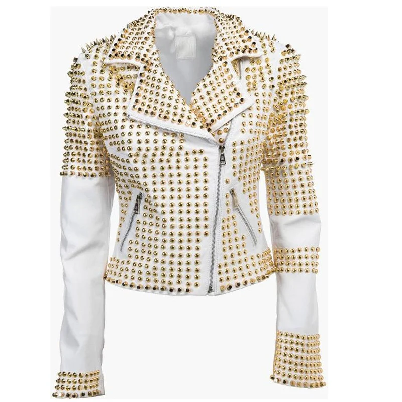 waterproof windproof raincoat for women -Golden Studded Leather White Jacket