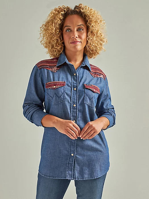 women's summer tunic short sleeve top -Wrangler Women's Woven Back Boyfriend Denim Western Snap Shirt