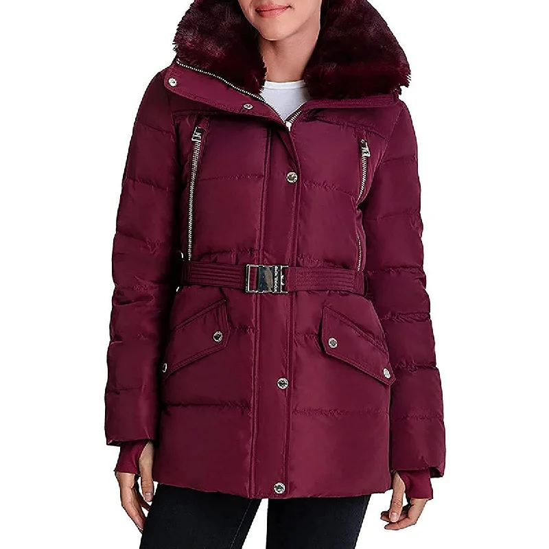 urban streetwear jacket for women -Michael Kors Dark Ruby Women's Belted Down Quilted Jacket Coat