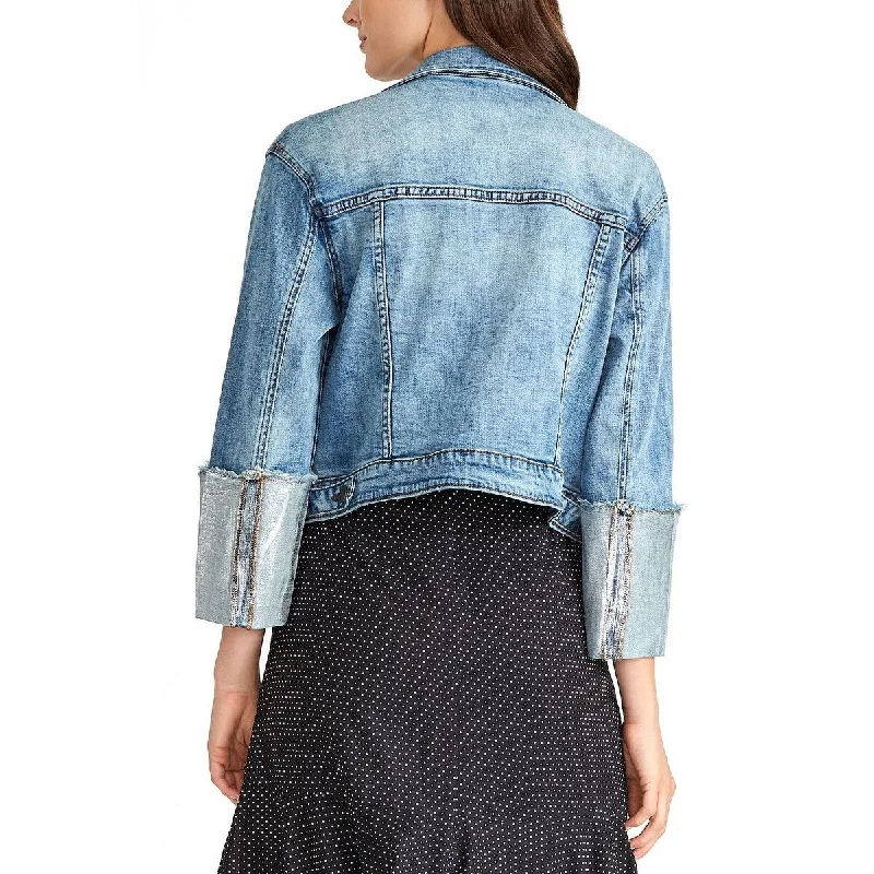 cropped faux leather jacket for women -Rachel Roy Women's Metallic Cuff Denim Jacket Blue Size X-Small