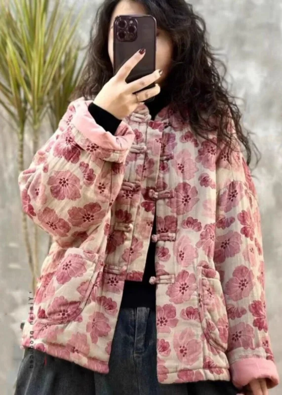 fashionable metallic puffer jacket for women -Vintage Pink Oversized Print Fine Cotton Filled Parkaer Winter