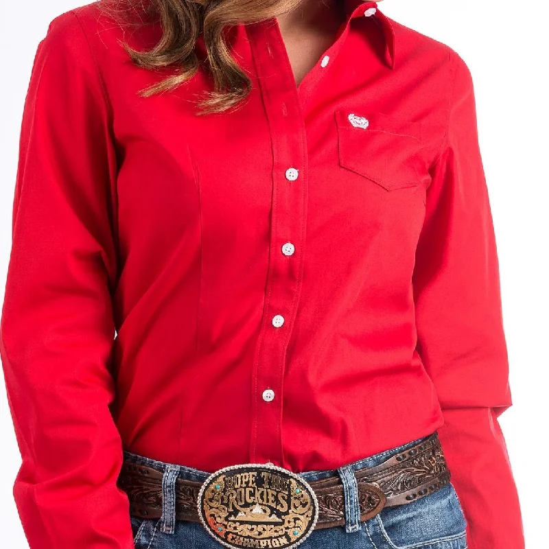 trendy cropped short sleeve t-shirt -Cinch Women's L/S Solid Red Western Button Down Shirt