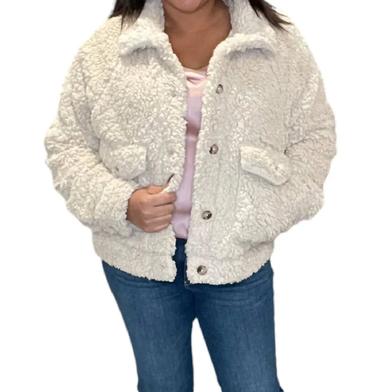 women's travel-friendly jacket -Sherpa Button Up Jacket In Natural