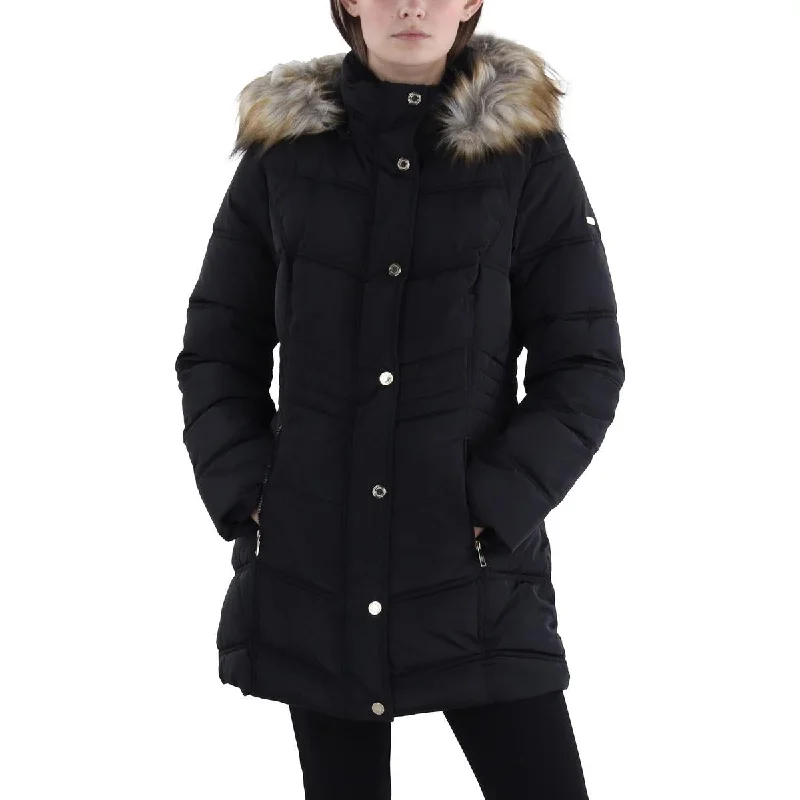 warm alpaca wool coat for ladies -Womens Faux Fur Trim Hooded Puffer Jacket