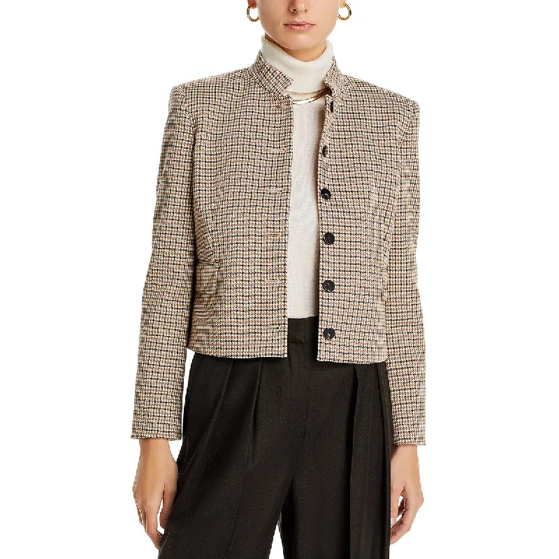 women's long trench coat -Theory Womens Riding Houndstooth Work Wear Collarless Blazer