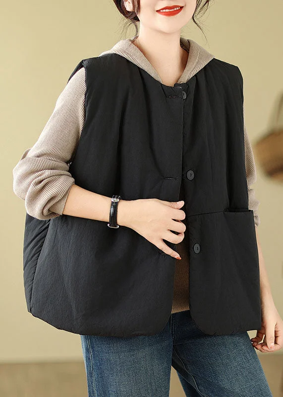 women's outdoor fleece jacket -Women Black Pockets Patchwork Button Hooded Jacket Waistcoat Winter