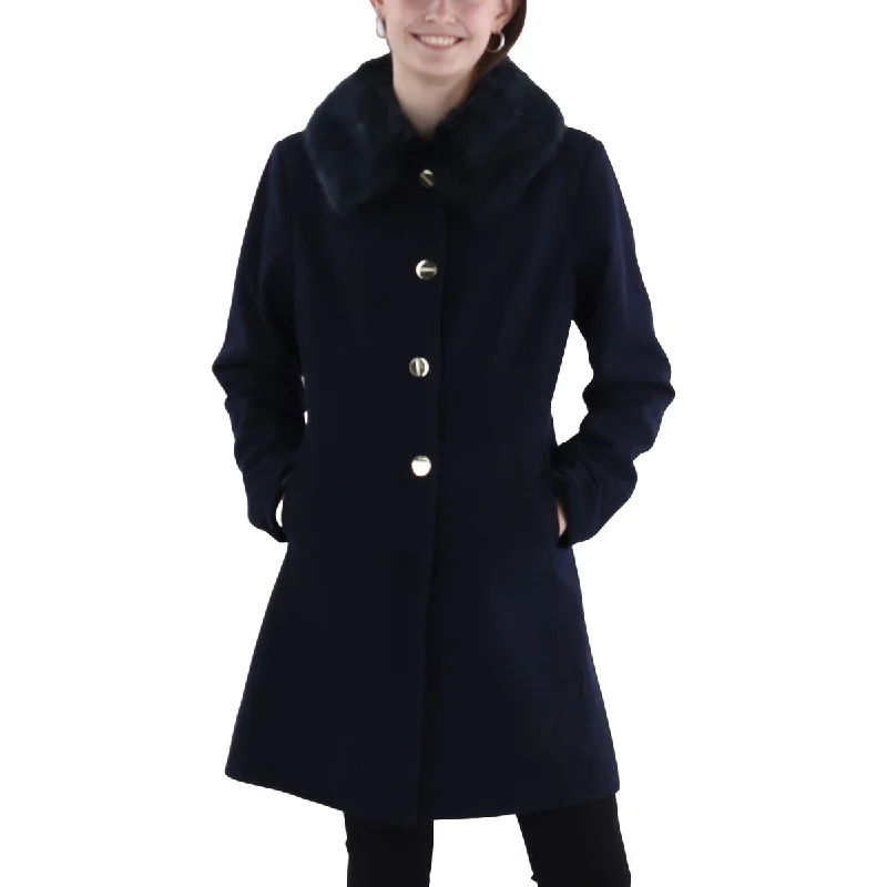 sporty track jacket for women -Womens Faux Fur Trim Long Wool Coat