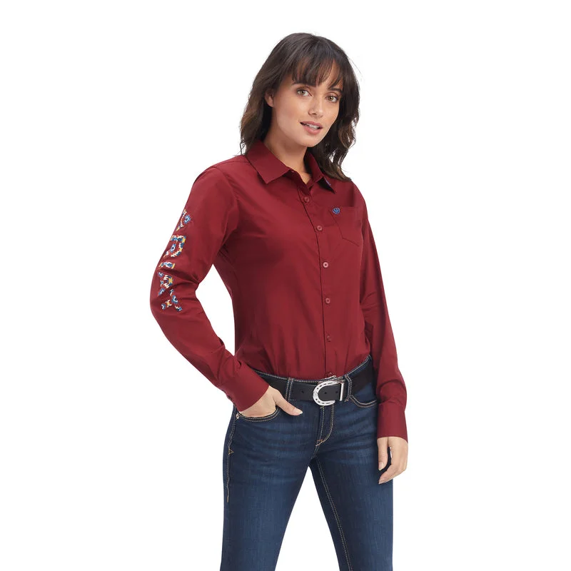 chic asymmetrical short sleeve top -Ariat Women's Wrinkle Resist Team Kirby Stretch Shirt, Rouge Red