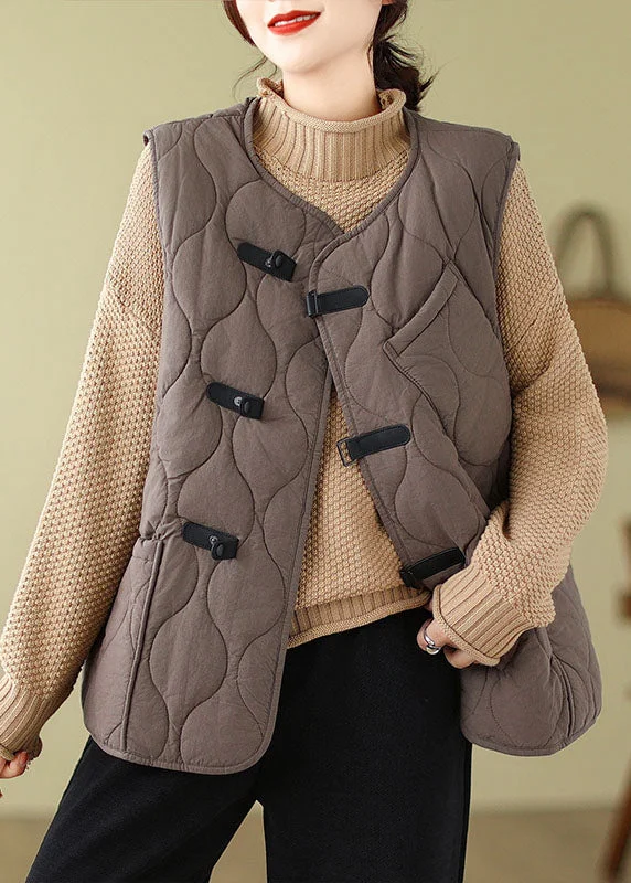 lightweight quilted jacket for women -Loose Coffee O-Neck Button Pockets Parka Winter