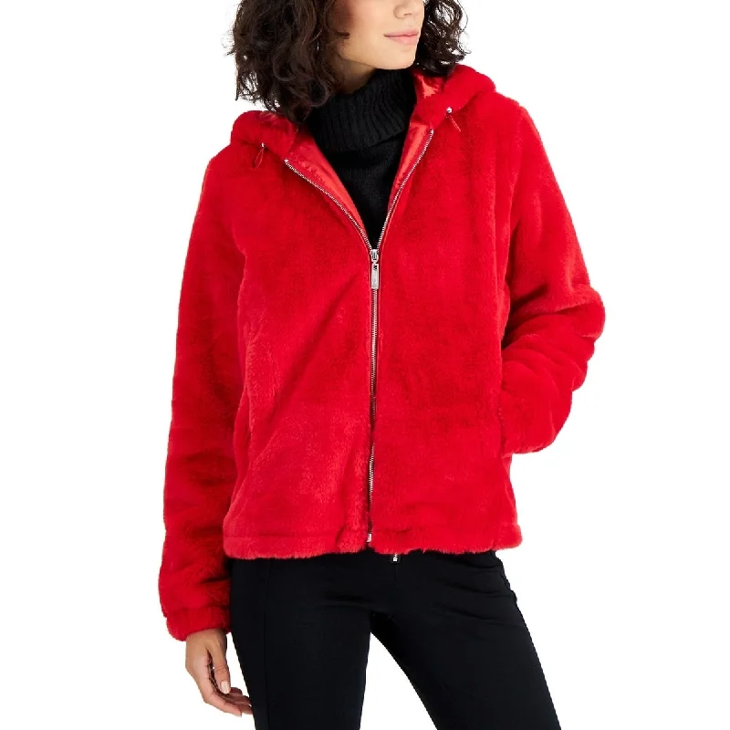 warm padded coat for women -Jou Jou Junior's Hooded Faux Fur Coat Red Size Small