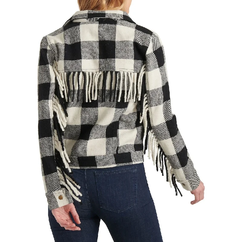 women's oversized corduroy jacket -Lucky Brand Women's Buffalo-Plaid Fringe Jacket Black Size Xl