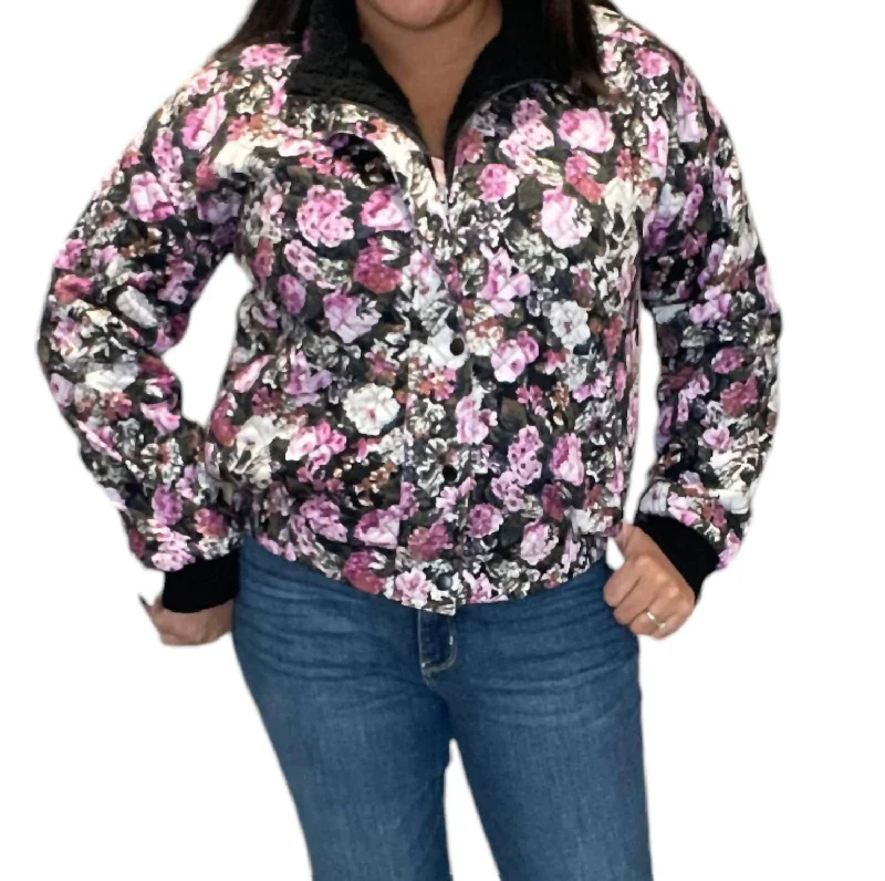 ladies' long hooded winter coat -Quilted Floral Snap Front Bomber Jacket In Multi Color