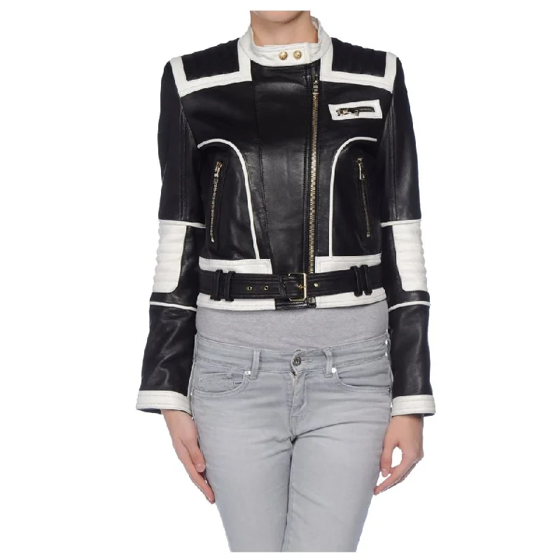 versatile trench coat for ladies -White Black Leather Belted Jacket