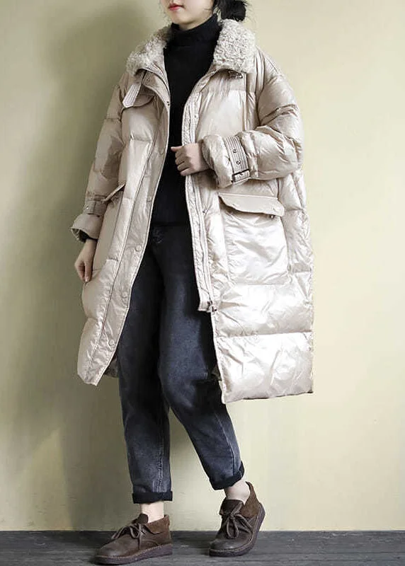 women's faux fur coat -Loose Khaki Pockets Teddy Collar Fine Cotton Filled Puffers Coat Winter