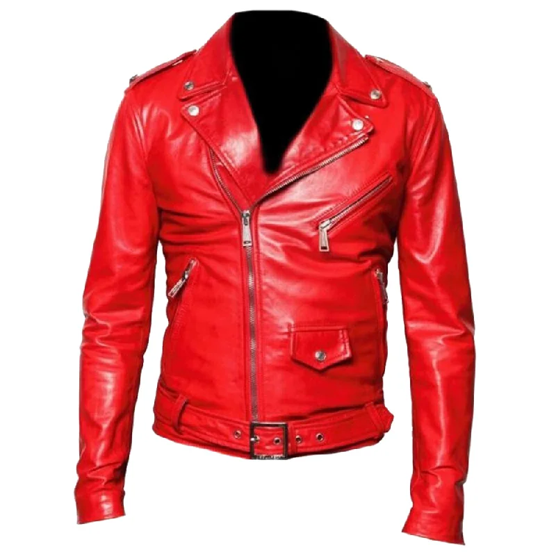 ladies' fleece zip-up jacket -Classic Red USA Moto Leather Jacket