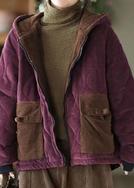 zip-up casual anorak jacket for women -Women Purple Hooded Pockets Corduroy Fleece Wool Lined Jacket Winter