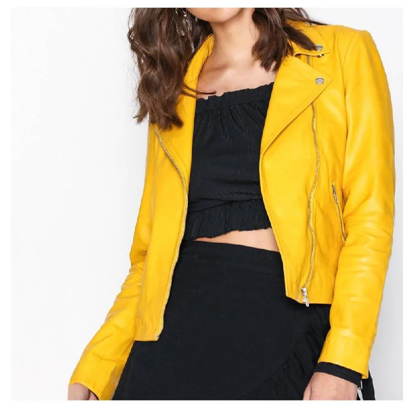 ladies' sporty windbreaker -Yellow Retro Women Leather Jacket