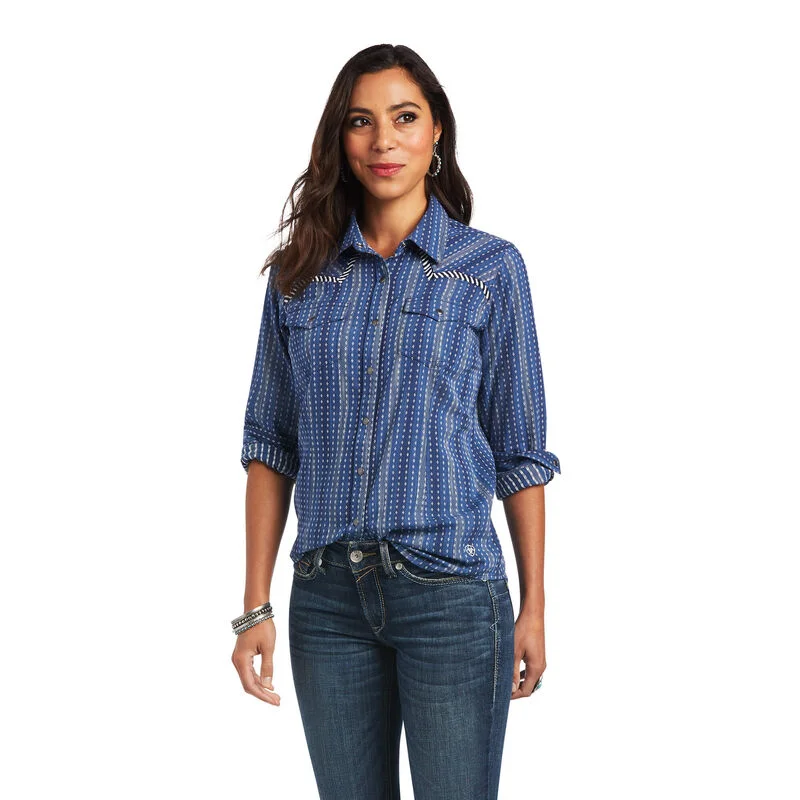 women's square neck short sleeve blouse -Ariat Women's REAL Darling Shirt, Chambray Dobby