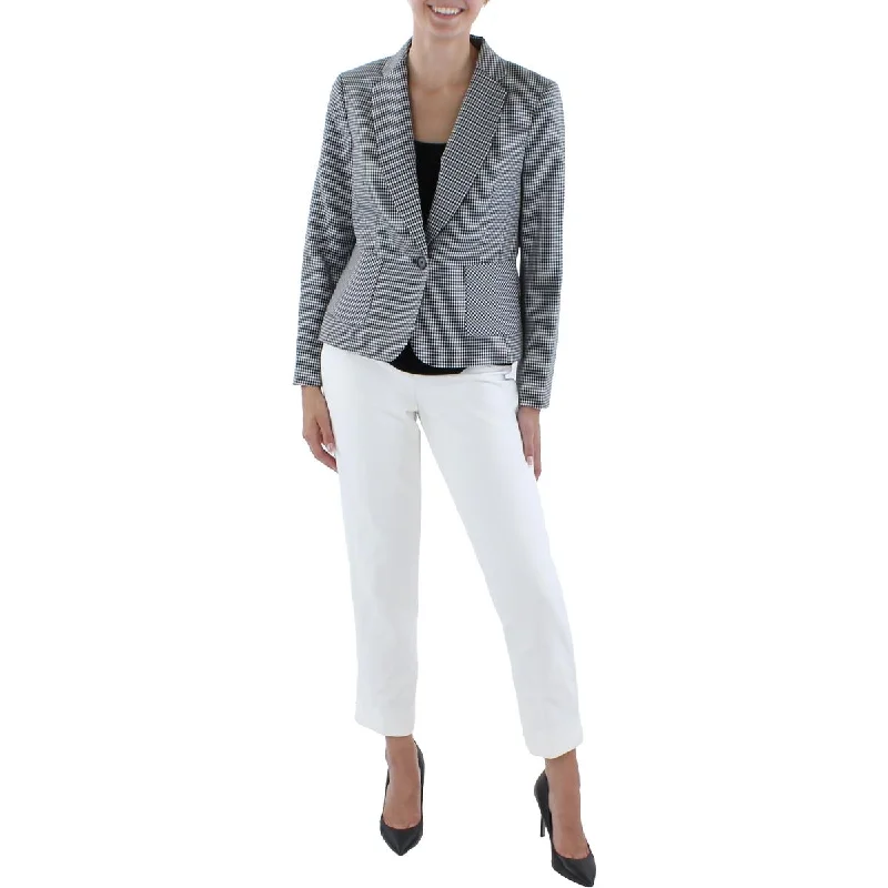 warm shearling coat for women -Le Suit Womens Petites Houndstooth Notch Collar One-Button Blazer