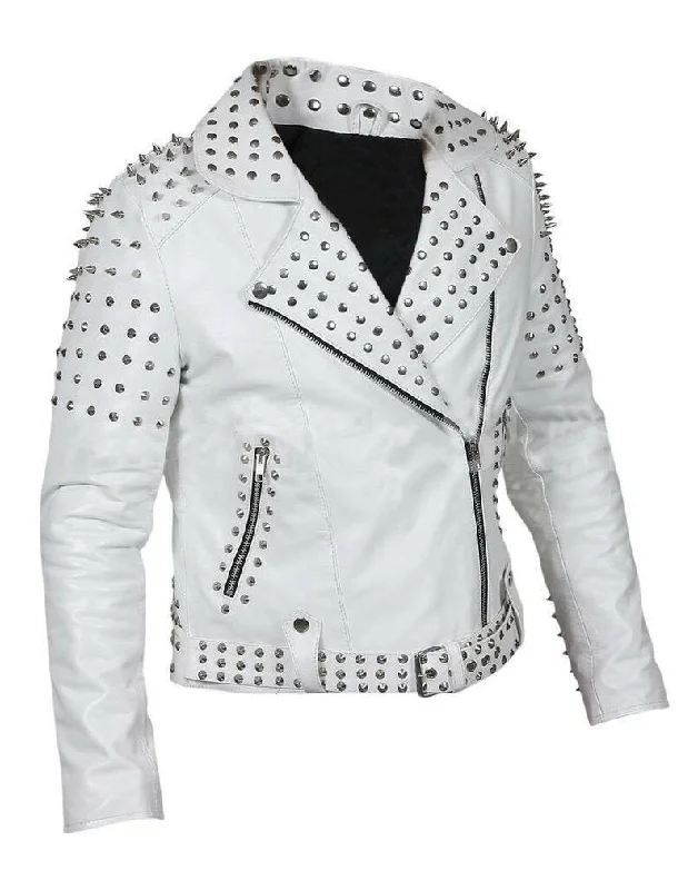 women's travel-friendly jacket -Sophisticated Edge Studded Leather White Jacket