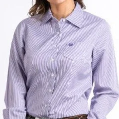 women's stretchable short sleeve shirt -Cinch Women's L/S Tencel Purple & White Striped Western Button Down Shirt