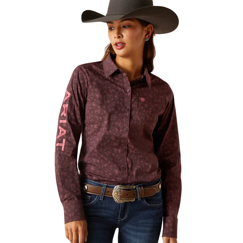 oversized boyfriend style short sleeve shirt -Ariat Women's Team Kirby Stretch Shirt, Ancestry Print