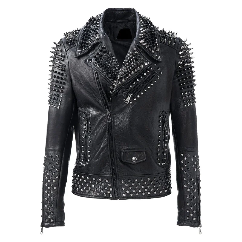 lightweight packable jacket for women -Men Black Silver Studded Brando Biker Jacket