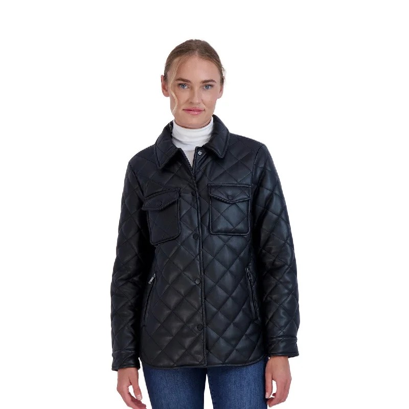 cropped wool blazer for women -Sebby Collection Women's Faux Leather Quilted Shirt Jacket