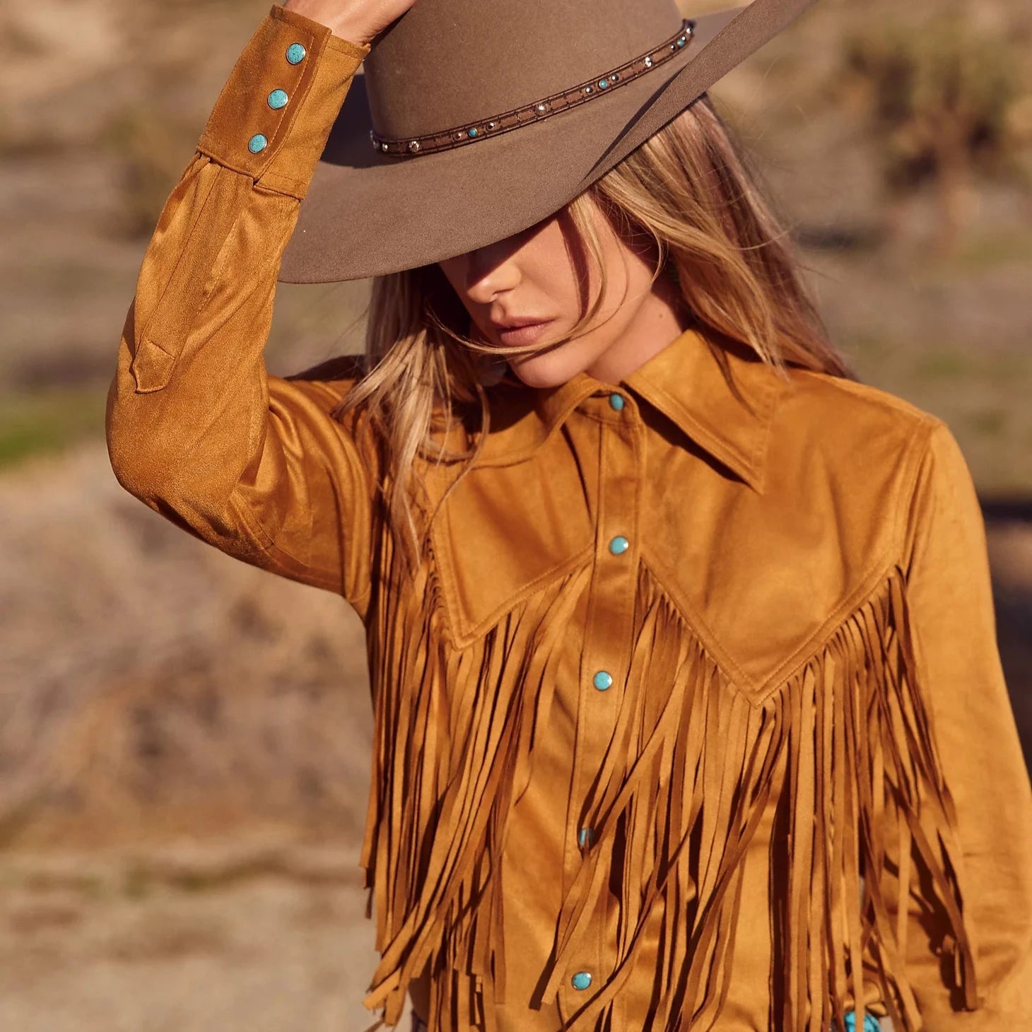 oversized casual short sleeve t-shirt -Wrangler x Lainey Wilson Fringe Snap Shirt in Bone Brown