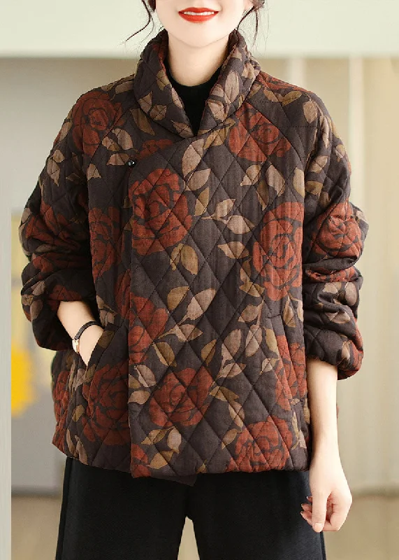 women's mid-length wool coat -Handmade Mulberry Pockets Print Parka Winter