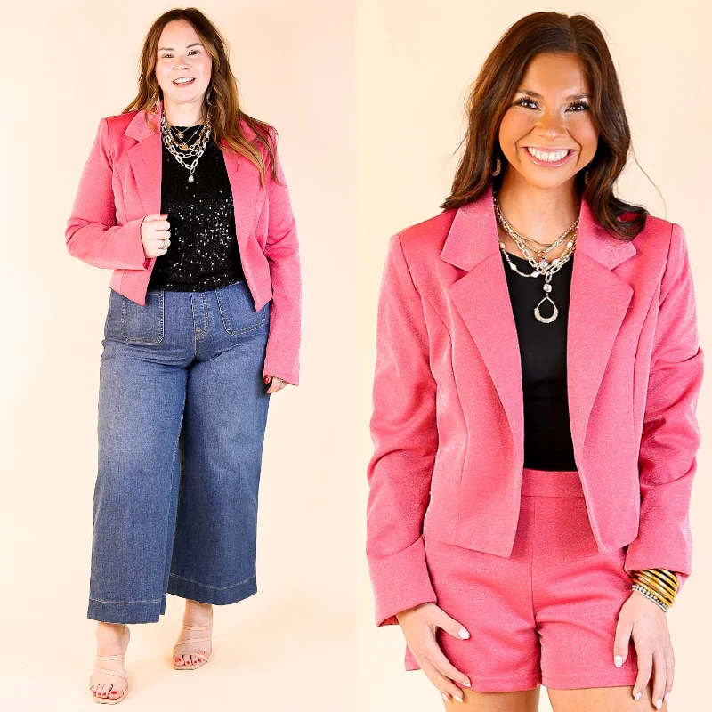 stylish fleece-lined coat for women -Encore Please Sparkle Cropped Blazer in Pink