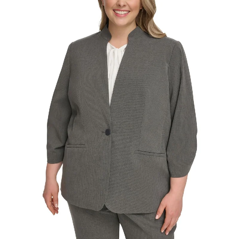 women's asymmetrical zip jacket -Calvin Klein Womens Plus Pinstripe Office One-Button Blazer