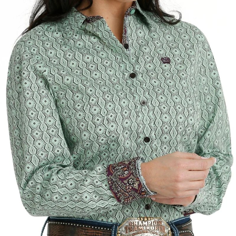 lightweight moisture-wicking short sleeve shirt -Cinch Women's L/S Green Geometric Western Button Down Shirt