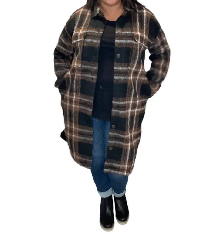 urban style cropped puffer jacket -Plaid Button Up Jacket In Black/brown