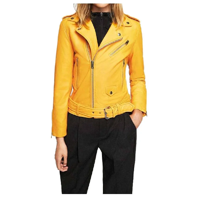 women's thermal long coat -Women Yellow Mango Slim Fit Leather Jacket